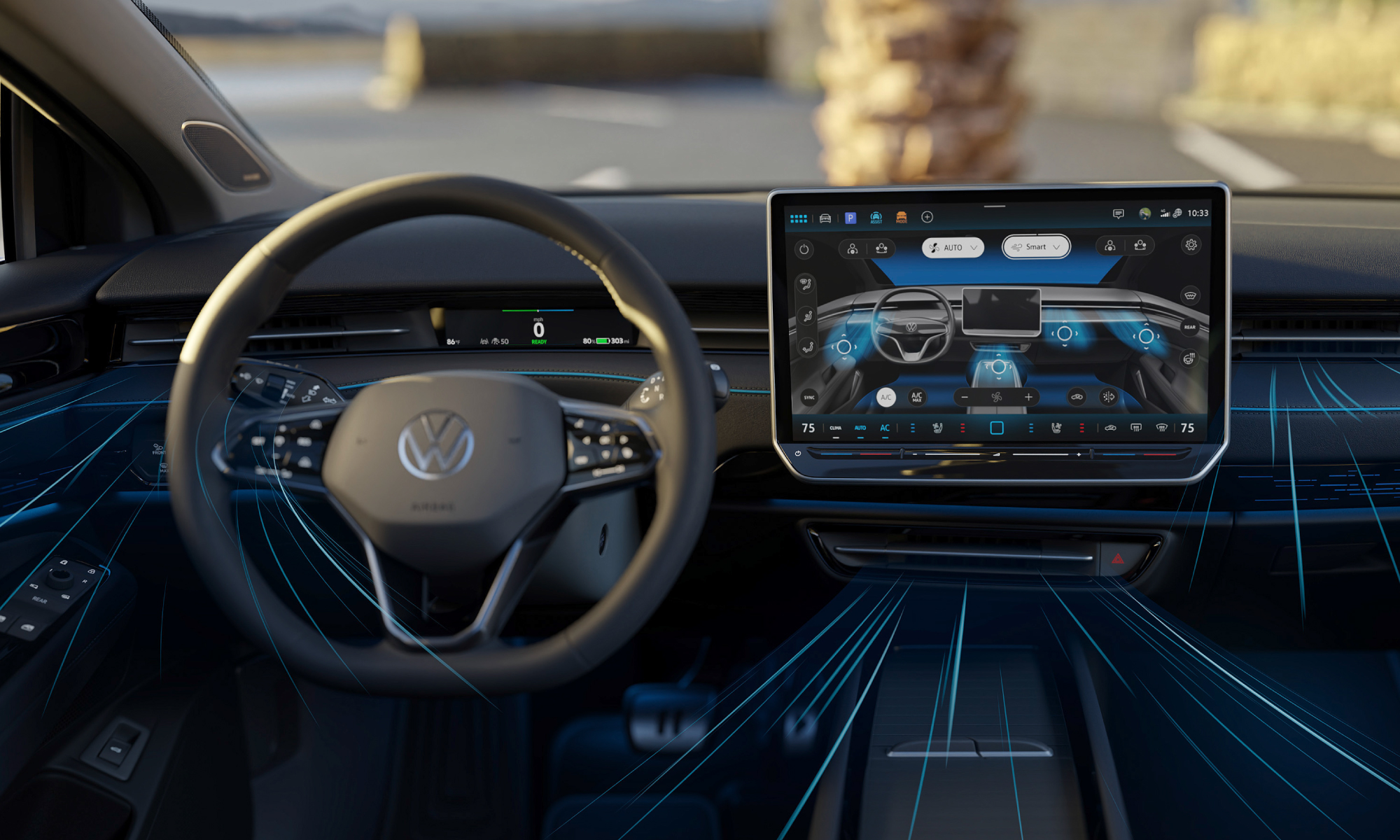 Il nuovo concept di climatizzazione della ID.7 offre diverse funzioni intelligenti, come la regolazione automatica della temperatura e il controllo individuale per i passeggeri, garantendo un comfort personalizzato durante ogni viaggio